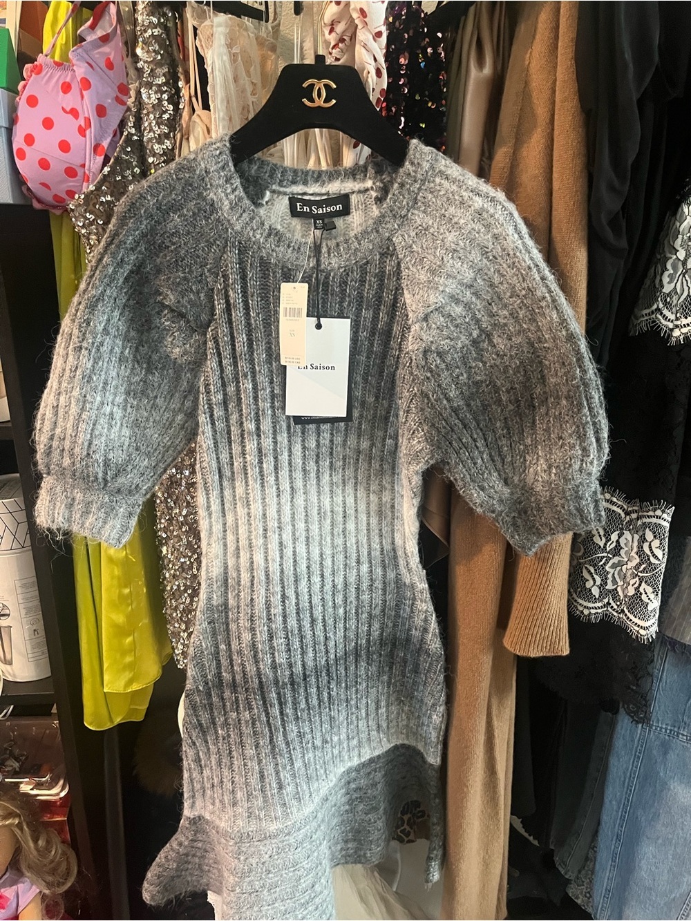 En Saison Gray Ribbed Puff-Sleeve Sweater Dress Size XS 🎩🎩 NWT